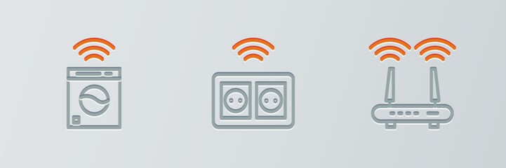 Poster - Set line Router and wi-fi signal, Smart washer and electrical outlet icon. Vector