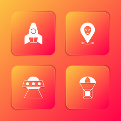 Sticker - Set Rocket ship, Alien, UFO flying spaceship and Box on parachute icon. Vector