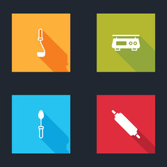 Poster - Set Kitchen ladle, Electronic scales, Teaspoon and Rolling pin icon. Vector