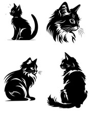 Cute Kitty Silhouette Set Vector Black Color Flat Minimal