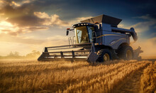 combine harvester harvests in the wheat field