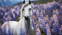 Portrait Of A Grey Horse Among Lupine Flowers