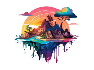 Sticker - Landscape of island with waterfall, with Grove & Tree in sunset PNG Clipart.
