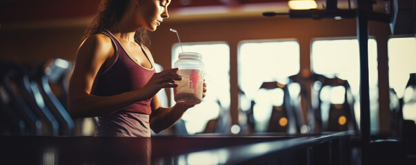 Healthy young woman is preparing protein shake after training in the gym. Fitness and healthy lifestyle.