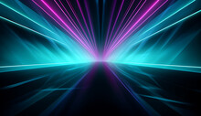 Futuristic Zoom Background Wallpaper With Glowing Neon Lights Lines In Blue, Teal, And Pink. Like 3d Route Path