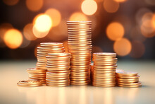 Golden Coins Stacks On Bright Light Glowing Bokeh Background, Business Finance Wealth And Success Concept
