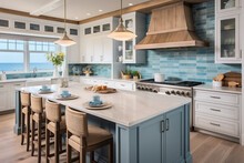 A Coastal Retreat In The Form Of A Kitchen With A Sea-blue Backsplash, Driftwood Details, And Touches Reminiscent Of The Beach