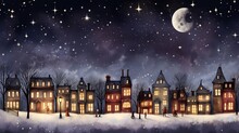 Cute Christmas Houses In A Row. Christmas New Year Banner.  Cozy Winter Scene Illustration In Vintage Style