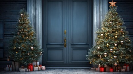 Poster - Porch and front door with beautiful Christmas decor created with Generative AI technology