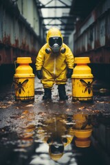 Canvas Print - A man in a yellow suit and gas mask standing next to two yellow containers. AI