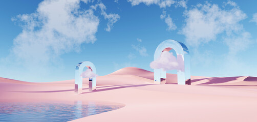 Wall Mural - 3d render Surreal pastel landscape background with geometric shapes, abstract fantastic desert dune in seasoning landscape with arches, panoramic, futuristic scene with copy space, blue sky and cloudy
