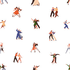 Fototapete - Dancers couples, seamless pattern. People, man and woman pairs, partner dances styles. Endless choreography background, repeating print. Flat vector illustration for textile, fabric, wallpaper