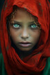 Portrait of a Middle east girl with a red scarf and green eyes. Award winning style, hijab, chador