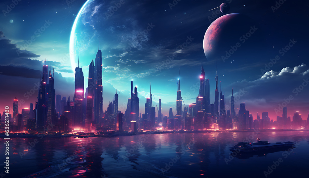 Retro wave cyberpunk wallpaper of a city with vibrant blue violet cyan