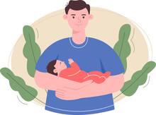 Happy Father Holds His Newborn Baby In His Hands. Parenthood Concept. Happy Father's Day. Rehabilitation And Support After Childbirth. Vector Illustration