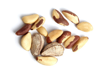Wall Mural - Brazil nuts isolated on white background. Brown Brazil nut kernels, a healthy choice, top view