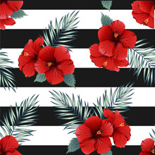 Exotic Jungle Plant Tropical Palm Leaves And Flower Red Hibiscus. Pattern, Seamless Floral Vector On The Black White Geometric Background. Nature Wallpaper.