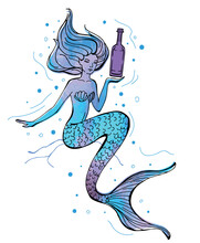 Silhouette Of A Mermaid With A Bottle Of Red Wine In Her Hand On A White Background. Vector Illustration. Great For Menu Design, Greeting Card, Print.