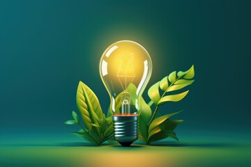 Wall Mural - Eco Friendly Lightbulb with Greenery Plants, Sustainable and Renewable Energy Concept. Generative Ai