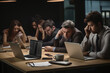 © Planetz - Stressed overwhelmed business colleagues feeling tired at corporate meeting. Business people conflict problem. Stress at work or migraine concept. Solving problem in an office.