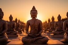 Many Statue Buddha Image At Sunset In Southen Of Thailand