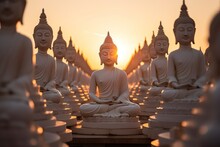 Many Statue Buddha Image At Sunset In Southen Of Thailand