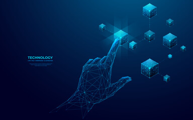 Abstract hand touching on blockchain digital icon. A futuristic human finger clicks on linked cubes. Modern low poly wireframe vector illustration on technology blue background. Metaverse concept.