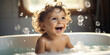 Baby Enjoying Bath Time with Bubbles: A baby enjoying bath time, playing with bubbles and splashing water.