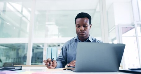 Canvas Print - Office laptop, reading or black man, business admin or agent writing notebook summary of company report. Planner, journal and male receptionist with notes, schedule or planning administration process