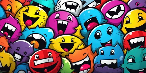 Wall Mural - Many colorful cartoon faces are shown in this image. AI