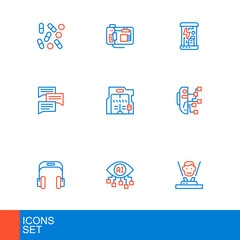 Poster - Set line Hologram, Computer vision, Headphones, Humanoid robot, Speech bubble chat, Futuristic sliding doors, Cryogenic capsules and Motherboard icon. Vector