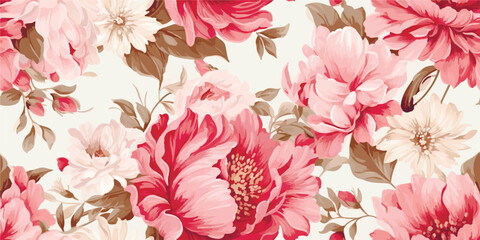  Flower and plant. Floral classic seamless print in shabby chic style. Flowers vector illustration: peony, rose, aster, leaves and plants for background, pattern and wallpaper