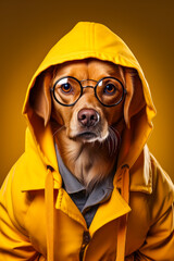 Sticker - Dog wearing yellow raincoat and glasses looking at the camera.