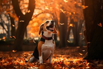 Poster - Dog is sitting in the leaves with its mouth open.