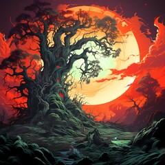 Canvas Print - Image of tree with full moon in the background.