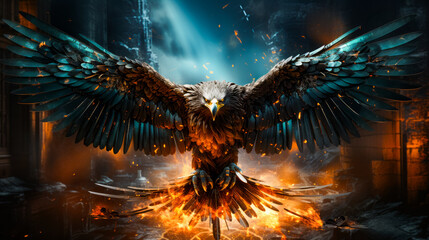 Poster - Large bird with wings spread out in front of fire.