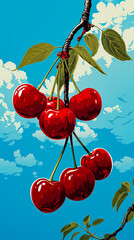 Canvas Print - Image of bunch of cherries hanging from tree.