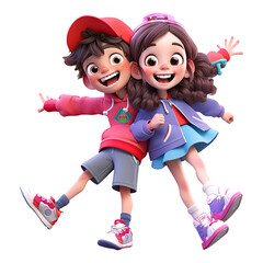 Wall Mural - 3D cartoon happy boy and girl character on transparent background. Generative AI