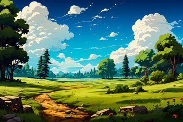 Wall Mural - Image of green field with dirt path leading to forest.