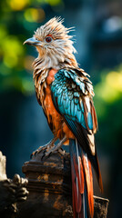 Wall Mural - Colorful bird sitting on top of piece of wood.