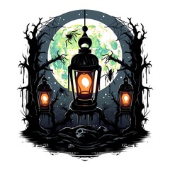 Wall Mural - Lantern in the woods with full moon in the background.