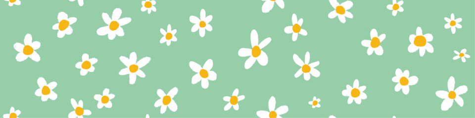 Wall Mural - Cute Wild Flowers Seamless Pattern. Hand-drawn white chalk flowers on green background. Perfect for backgrounds, printed patterns, prints, wrappers, headers. Vector Illustration. EPS 10.
