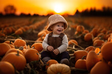 AI Generated Image Of Baby On Pumpkin Field