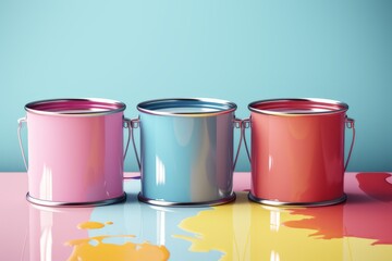 Close up of three tins with pastel colour paint. Interior design, creativity, renovation theme. AI generated illustration. 