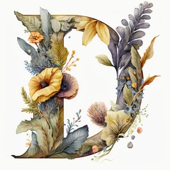 Wall Mural - D letter flower, watercolor style Generative AI