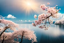 Blossom In Spring Blossom Branch White Flowers On Sunny Blue Sky. Springtime Flowering Beautiful Nature Landscape. Floral Wallpaper Photo Design
