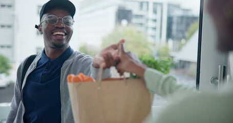 Delivery, grocery and bag with a black man courier at the front door of a home to drop off produce for a customer. Food, ecommerce and online shopping with a male at a house to deliver fresh goods