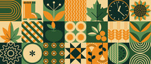 Bauhaus Pattern With Autumn. Mosaic Style. Simple Geometric Shapes. Textile Background With Autumn Rain, Vegetables, Fruits, Flowers
