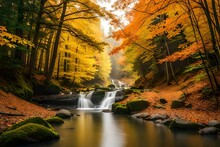 Waterfall In Autumn Forest. Beautiful Colored Trees With Lake In Autumn. A Blooming Garden By The Lake With A Gazebo. 
Landscape Photography
