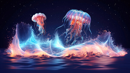 Wall Mural - neon wave, jellyfish, dark abstract background. ai generation